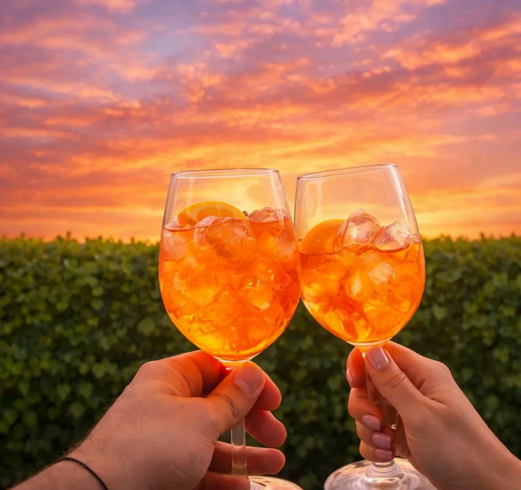 Two Aperol Spritzes raised in a toast at golden hour at an outdoor London event